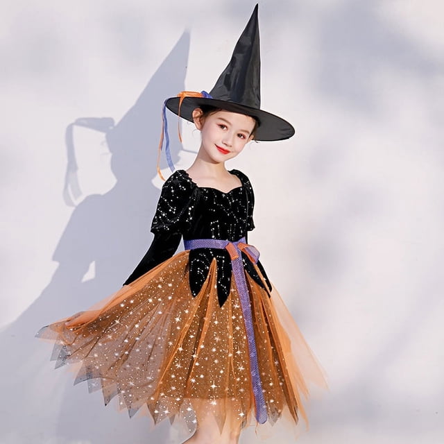 Disfraz de bruja para niña, disfraz de actuación, vestido de princesa cosplay de bruja para niños de Halloween (adecuado para una altura de 130-145 cm) Sincero Electrónica