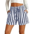 thumbnail image 2 of Garbnen Womens Shorts Linen Striped Drawstring Women Shorts Summer Beach Vacation Color Block Shorts Women with Pockets Blue S, 2 of 5