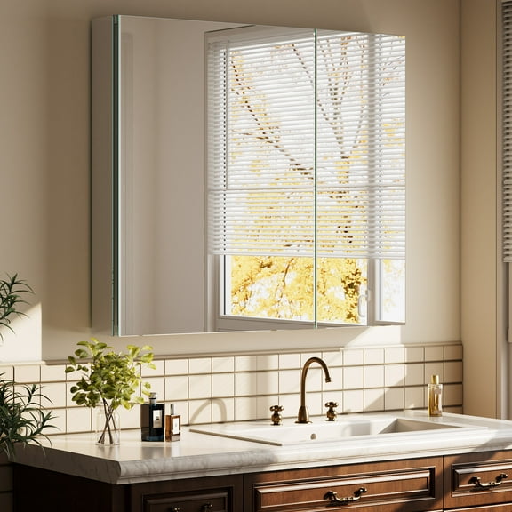 Easy4Home 26"x30" Bathroom Medicine Cabinet with Mirror, Surface Mount Mirror Cabinet with 2 Doors & Adjustable Shelves