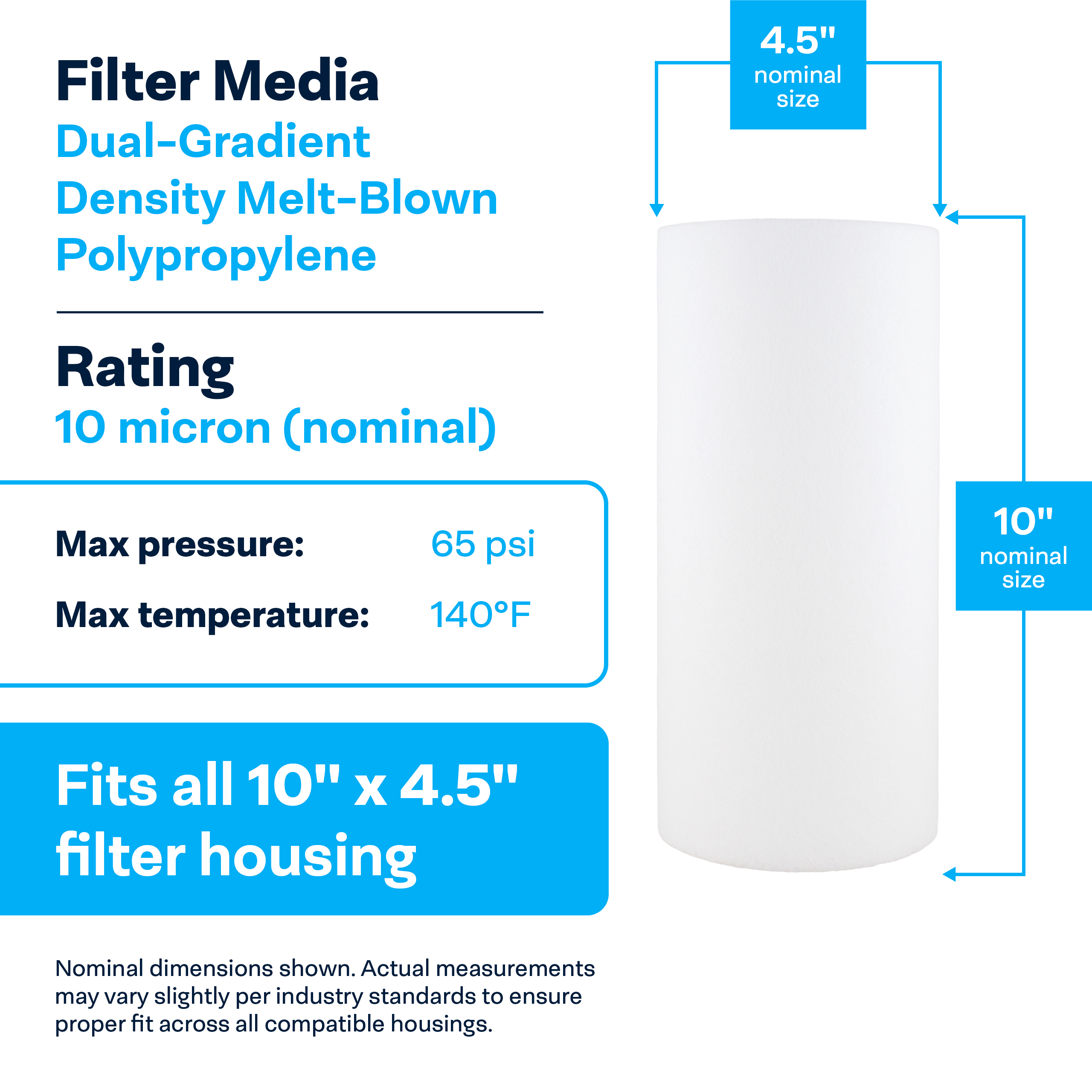 SpiroPure SP-DD-6010-BB 10x4.5 BB 10 Micron Spun Melt-Blown Polypropylene Water Filter Cartridge SDC-45-1010 (Case of 8)