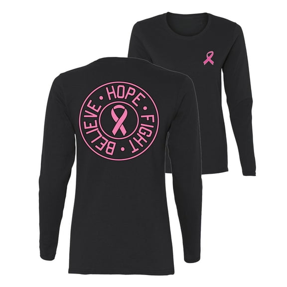 Wild Bobby Breast Cancer Awareness Believe Hope Fight Front and Back Women Long Sleeve Tee, Black, Small