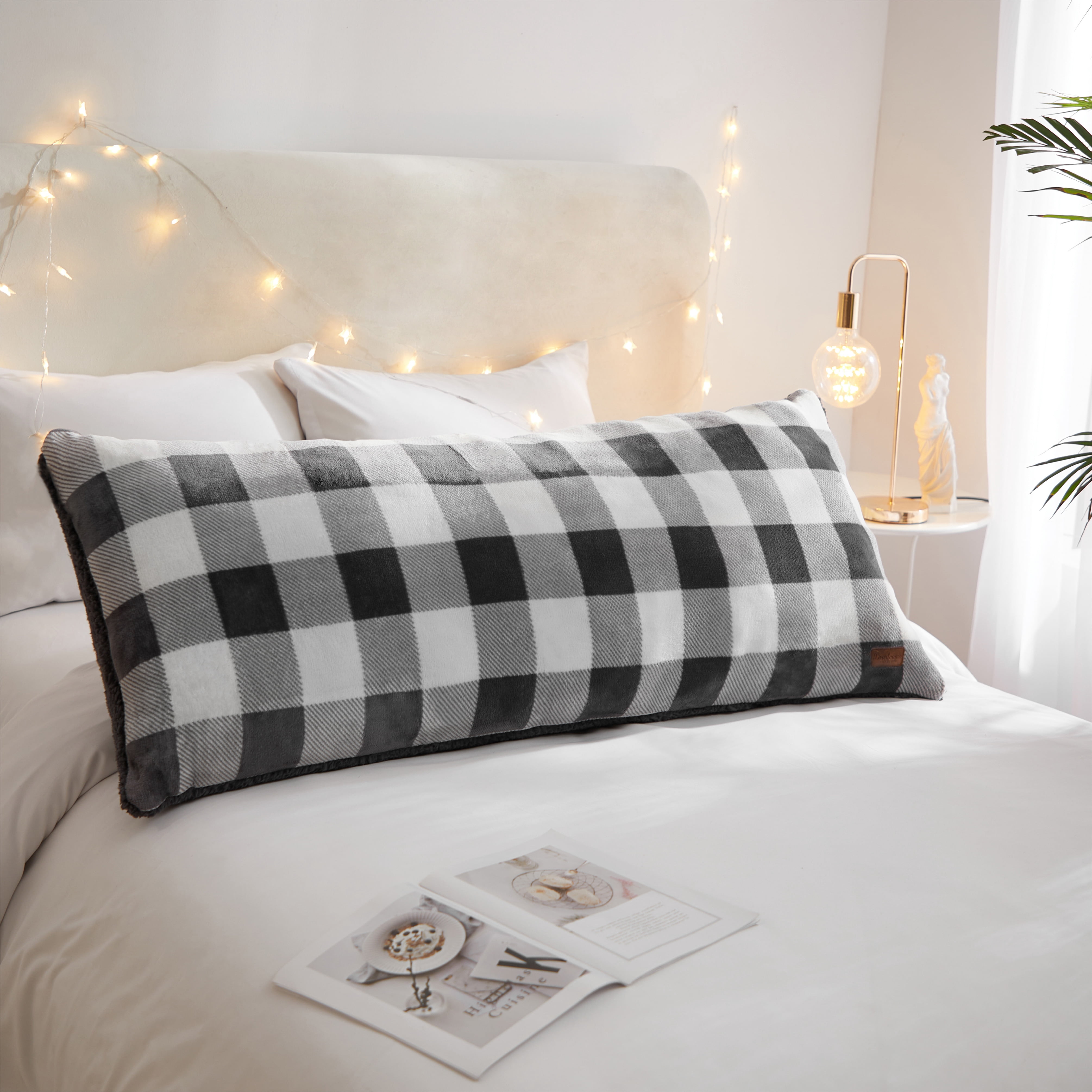 Dearfoams Royal Plush Reverse to Super Soft Sherpa Body Pillow, 20" x 48", Grey White Check, Polyester Fill