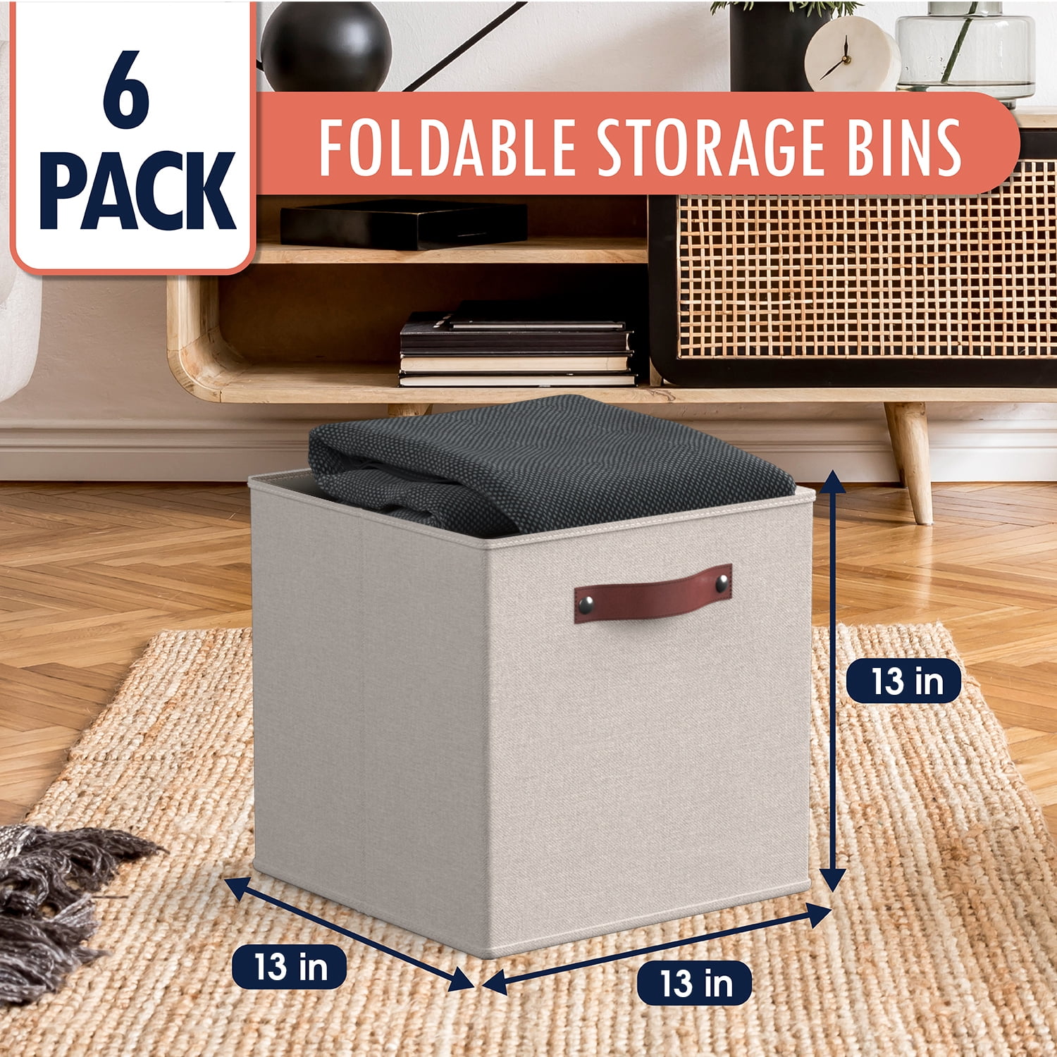 Ornavo Home Foldable Collapsible Storage Box Bins Linen Fabric Shelf Basket Cube Organizer with Leather Handles - Set of 6 - 13 x 13 x 13 - Beige