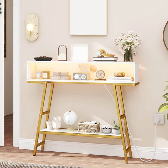 DRAZUNO 40" Console Table with Power Strip 3-Tier Entryway Table with RGB LED Lights