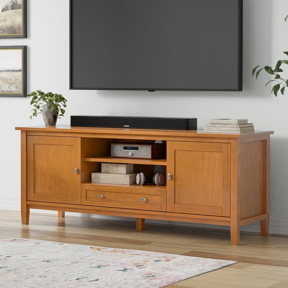 Simpli Home Warm Shaker 60 inch Wide Solid Wood TV Stand in Light Golden Brown For TVs up to 65 inches
