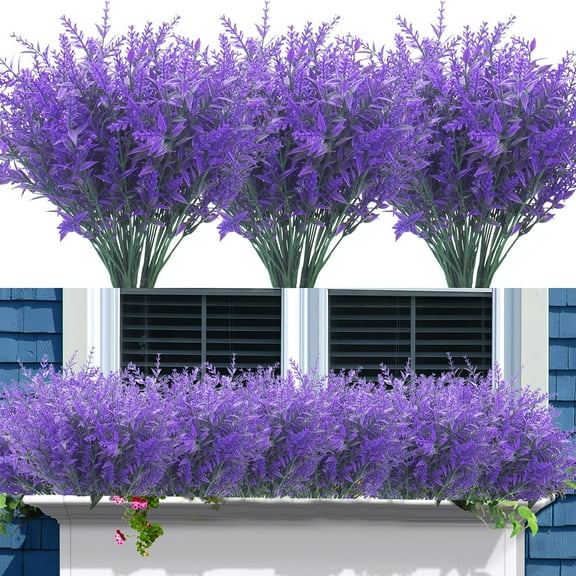 8 Bundles Artificial Lavender Flowers Outdoor Fake Plants UV Resistant Plants Faux Plastic Plants for Indoor Home Window Garden Wedding Porch Box Hanging Plants Decor (Blue)