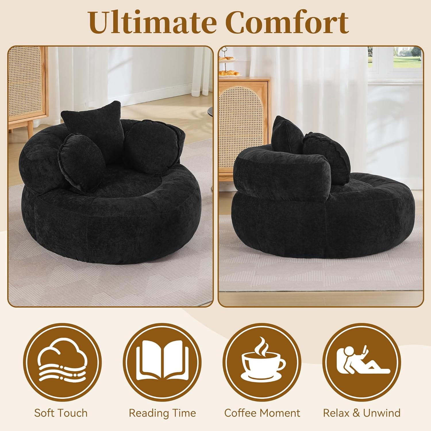 43'' Round Oversized Chaise Lounge Indoor Chair, No Assembly Chenille Compressed Circle Sofa Bed,Comfy Upholstered Sleeper Couch,Lazy Bean Bag Couch for Living Room, Bedroom,Black