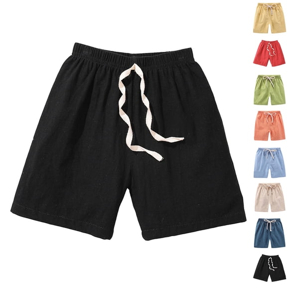 Linen Shorts Boys Drawstring Linen Shorts Breathable Casual Shorts Summer Girls Boys Shorts (Black 10)