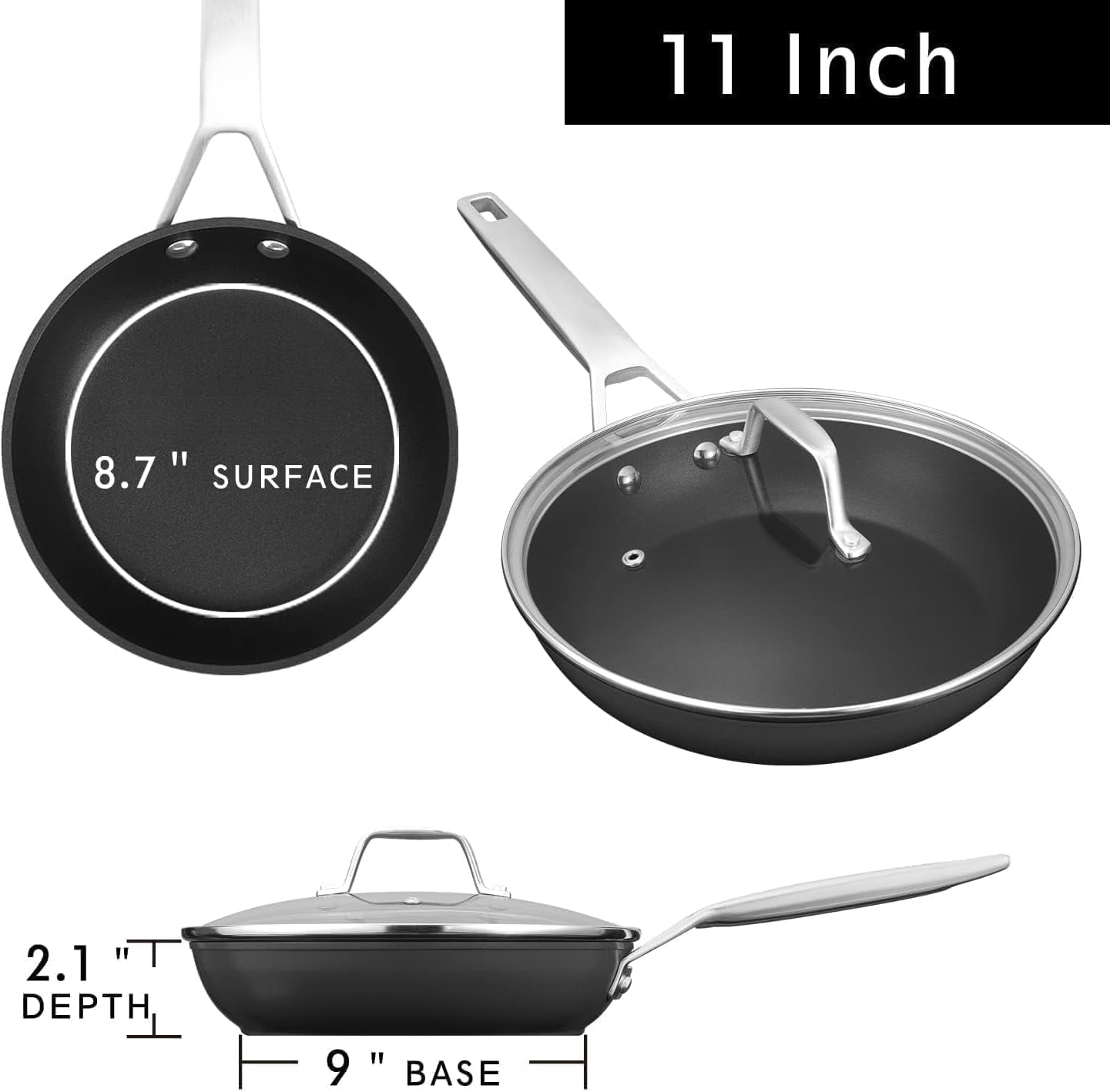 11 Inch Nonstick Frying Pan with Lid，Titanium and Ceramic Nonstick skillet, Non-Toxic, Stay-Cool Handle, Scratch-resistant, Induction Skillet With Lid for Induction, Ceramic
