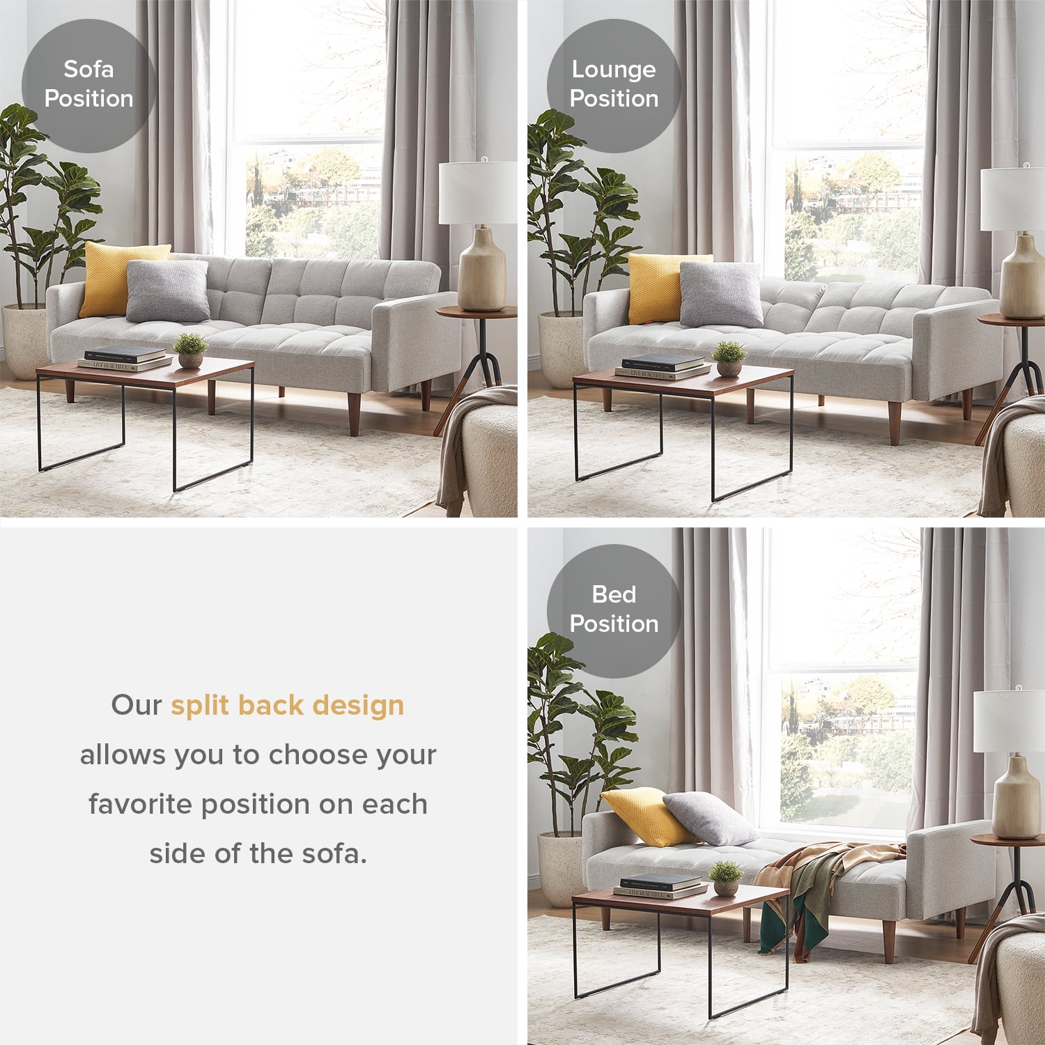 Mopio Aaron Twin Futon Sofa Split Back Design 77.5" Light Gray Fabric