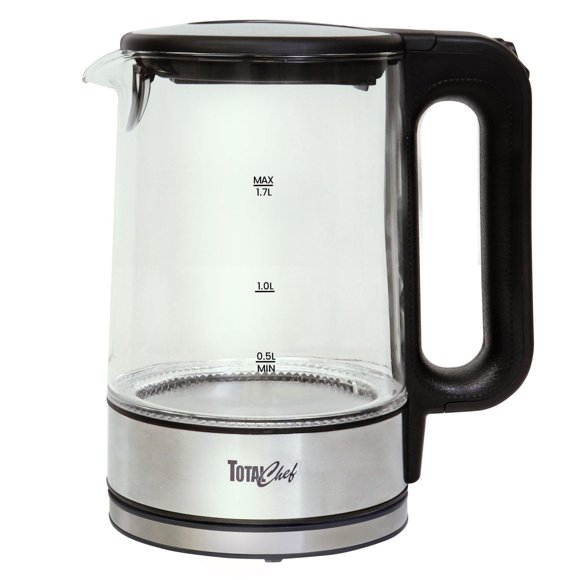 Total Chef Hot Water Pot Electric Kettle Portable Electric Glass Kettle 1.7L with Blue Led Light, Automatic shut-off with Lid Stainless Steel Electric Kettle