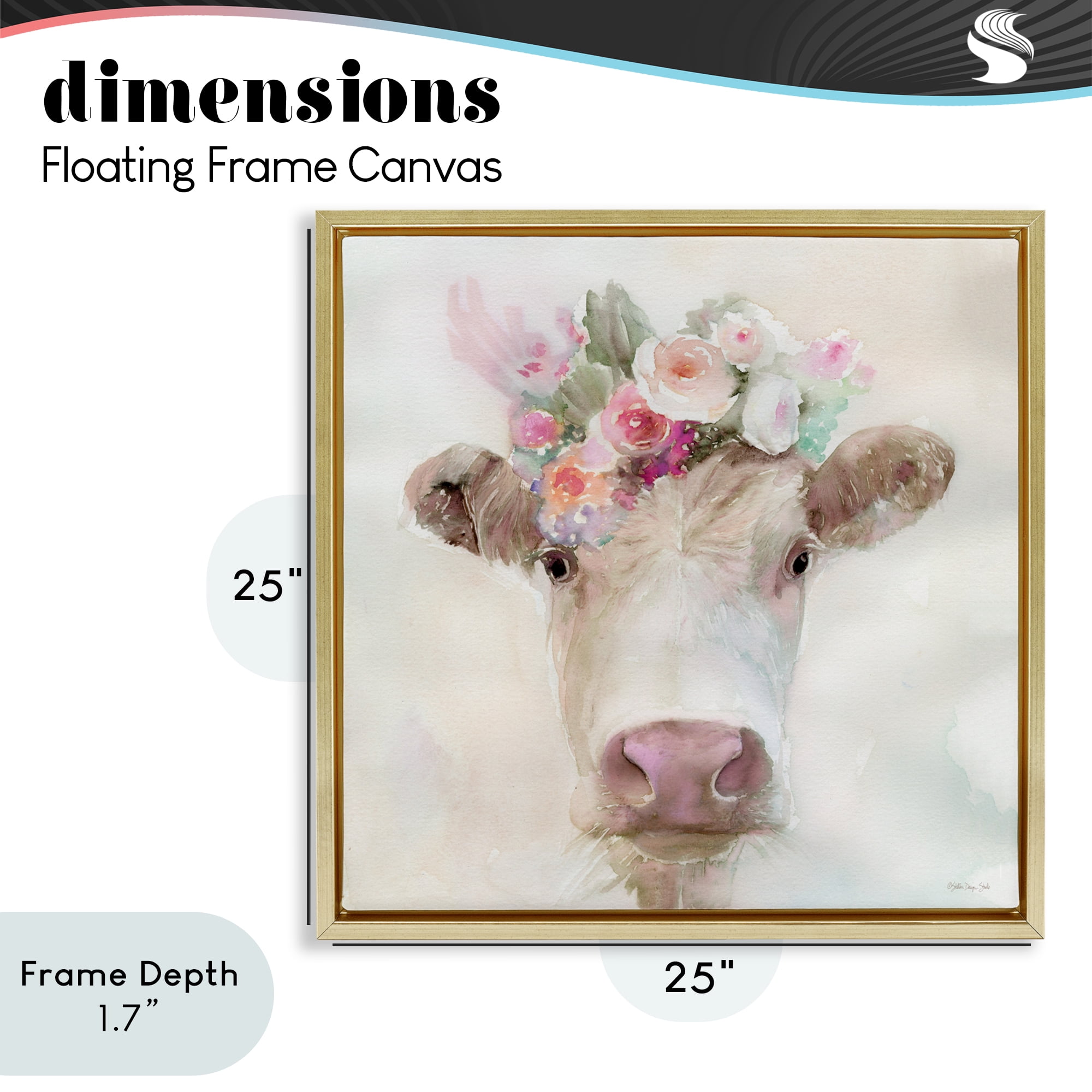Stupell Industries Betsy Cow with Flowers Gold Framed Floater Canvas Wall Art, design by Stellar Design Studio