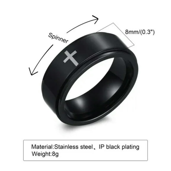 8MM Silver/Black Cross Spinner Band Men's Stainless Steel Fashion Ring Size 7-12