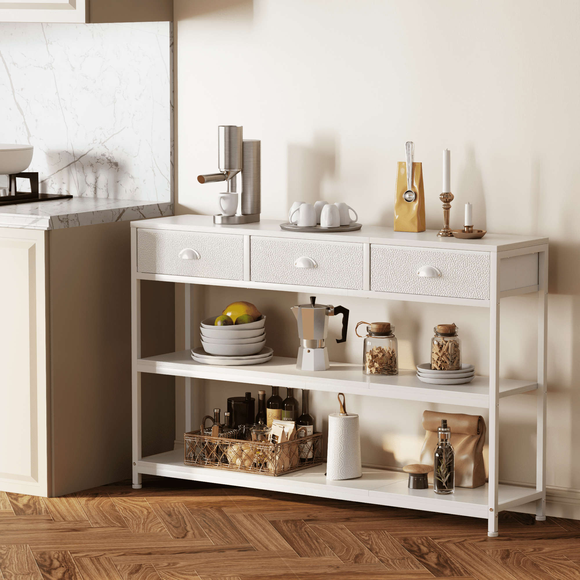 Satifur 47" Entryway Table with 3 Fabric Drawers, Console Table Metal Frame Sofa Table with 2 Shelves for Living Room and Hallway, White