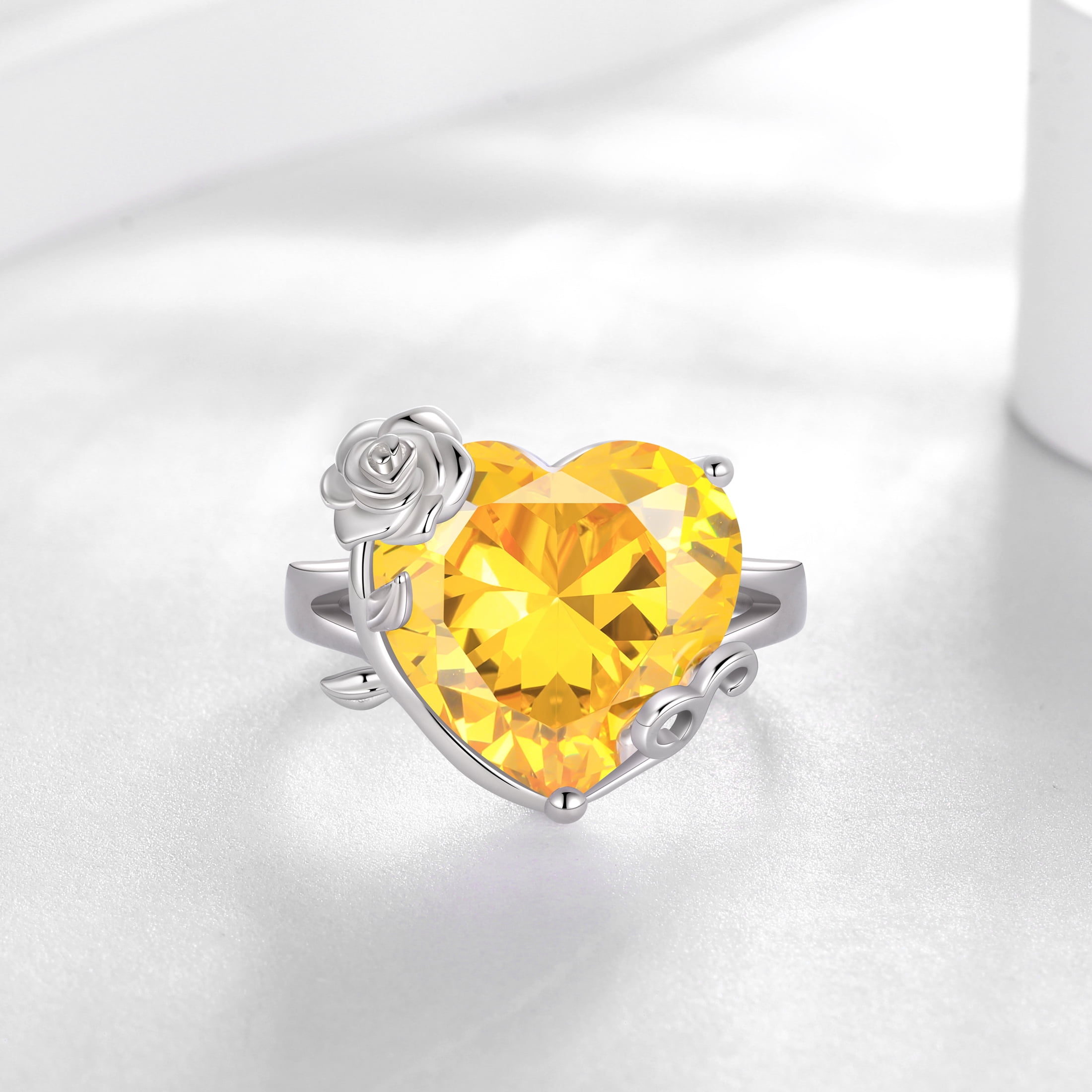 Juwaliy 9Ct Women Heart Ring 925 Sterling Silver Rose Flower November Birthstone Citrine Solitaire Ring Jewelry Christmas Thanksgiving Gift for Mother