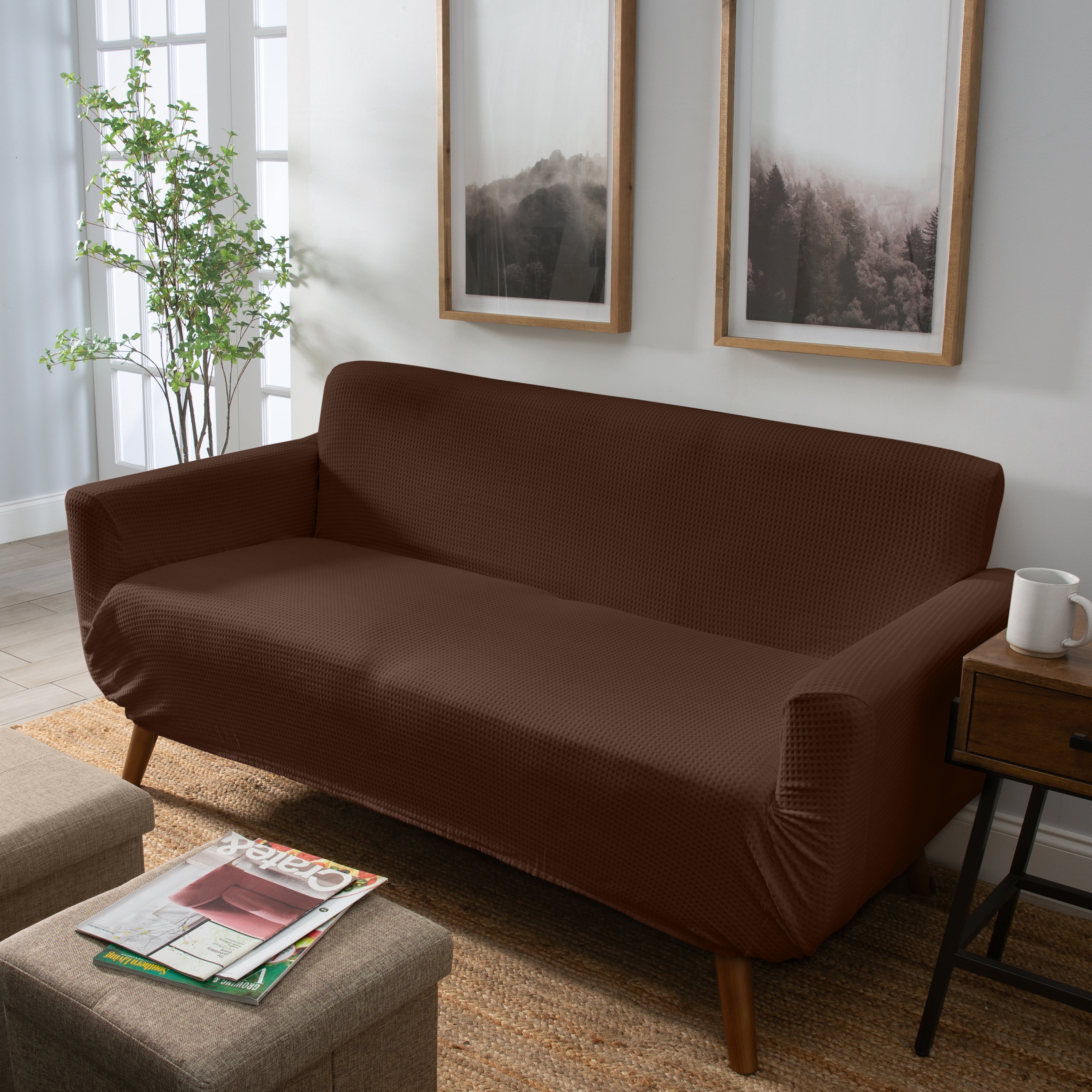Home Details Waffle Design Love Seat Furniture Slipcover in Brown