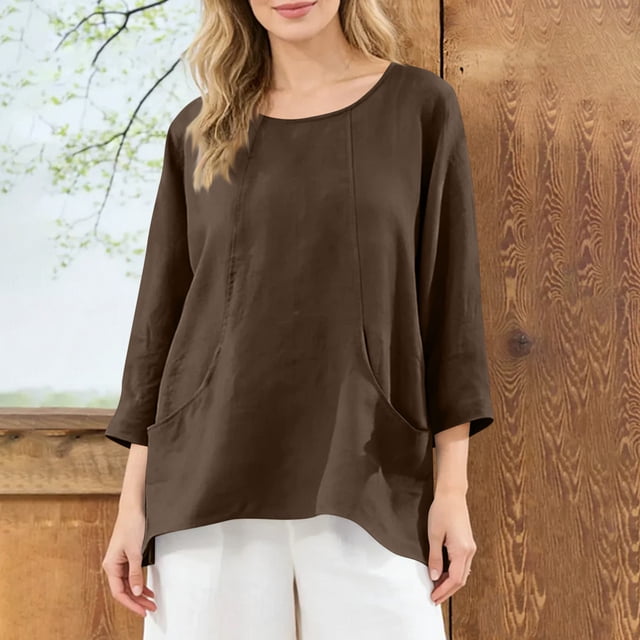 TaTaai Women’s Round Neck Long Sleeve Cardigan Casual Loose Blouses Solid Color Linen Feel Polyester Tops Summer Spring Daily Tees Gift
