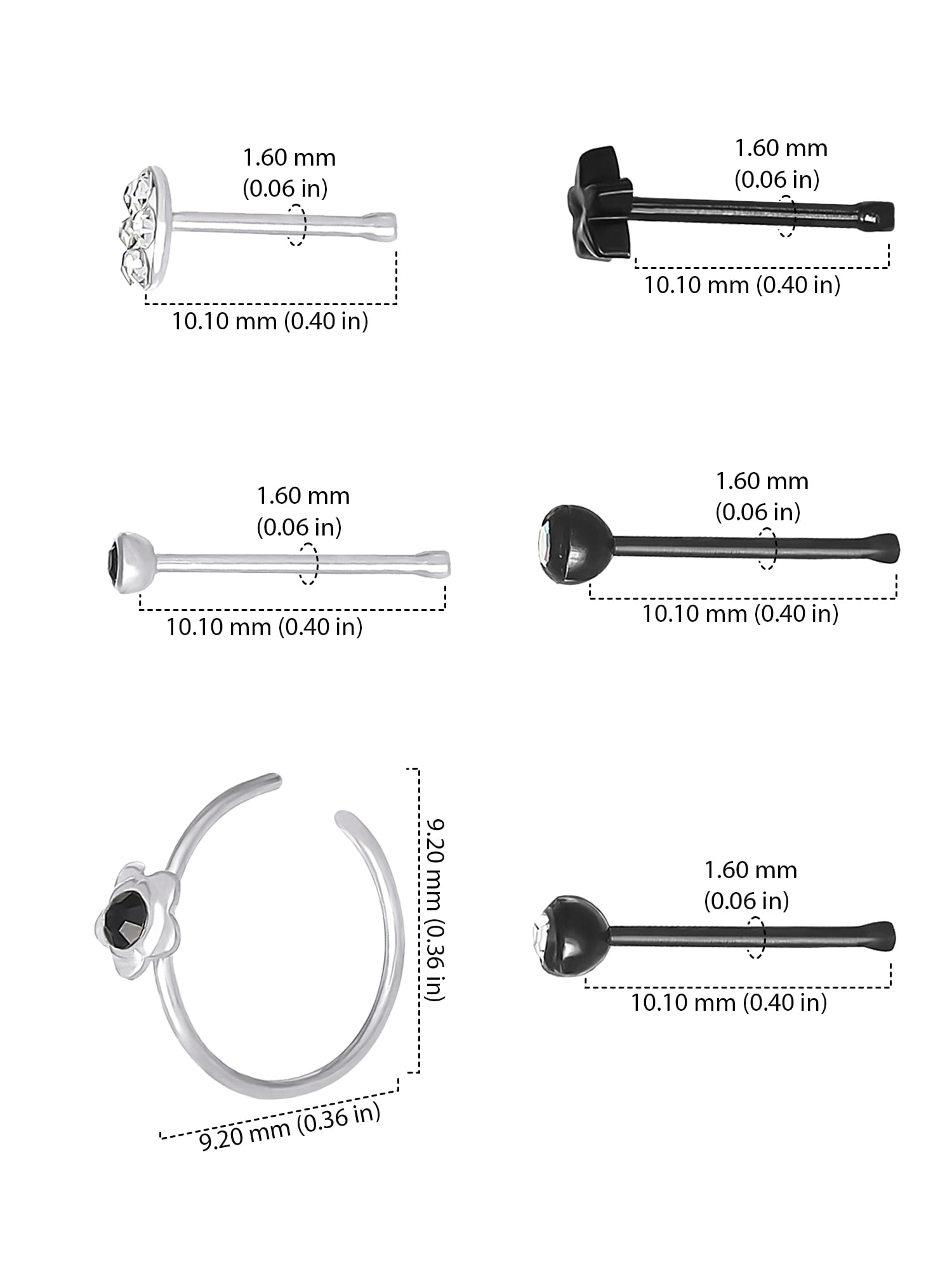 Body Jewelry Women's Jewelry 22G Stainless Steel Multi Color Hoop and Stud Nose Rings, 6 Pack