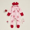 thumbnail image 4 of RUINIXCW Newborn Baby Girl Christmas Outfit Infant Girls Fall Winter Clothes Xmas Footed Romper Bow Print Long Sleeve Zip Up Footie Jumpsuit Headband, 4 of 9
