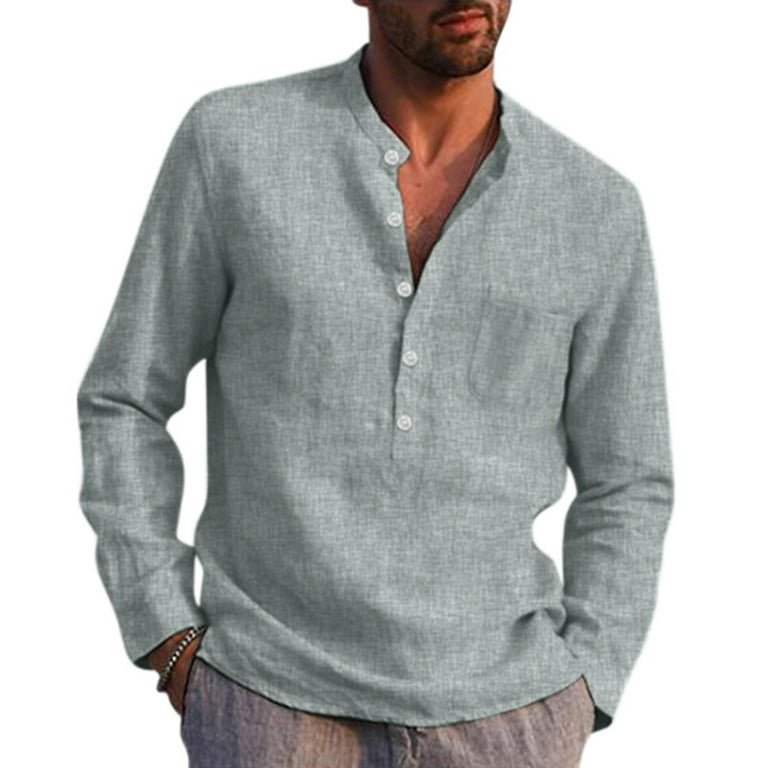 iOPQO Men's Dress Shirts linen pants for men Men Solid Round Neck Shirt  Loose Long Sleeve Blouse Tops Grey XXL