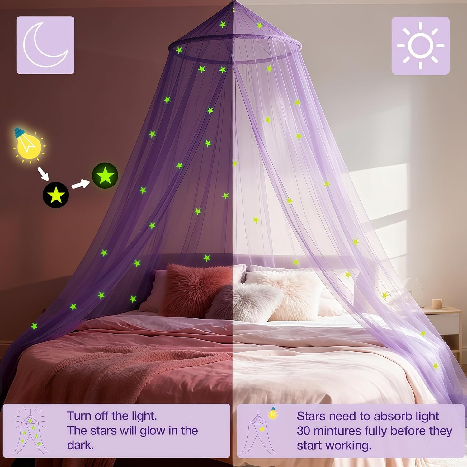 Bed Canopy for Girls with Glow-in-The-Dark Stars, Princess Canopy Curtains Fits Single, Twin, Full, Queen Size Bed, Bedroom Accessories, Ceiling Tent