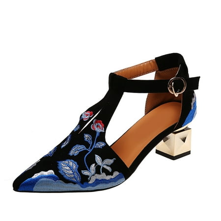 

Womens T-Strap Chunky Block Heel Shoes Prom Wedding Dress Pumps with Floral Embroidery