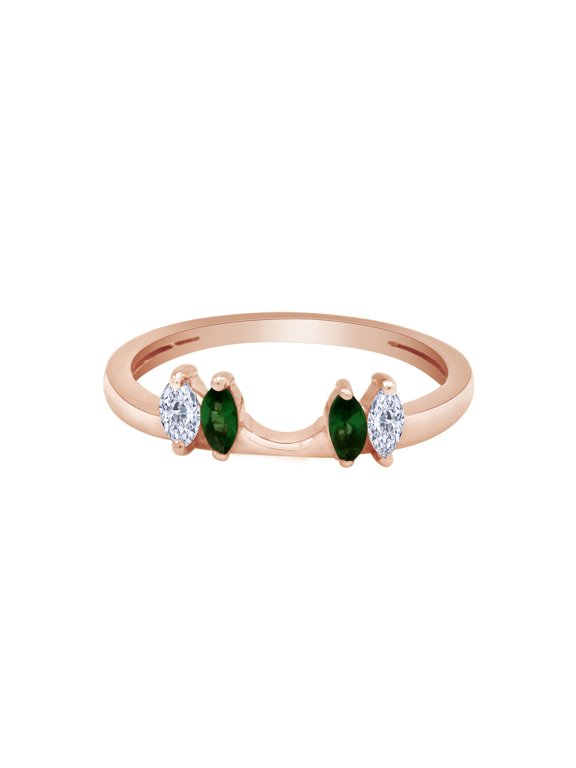 Marquise Shape Simulated Green Emerald & Cubic Zirconia Enhancer Guard 10k Rose Gold Ring Size - 8