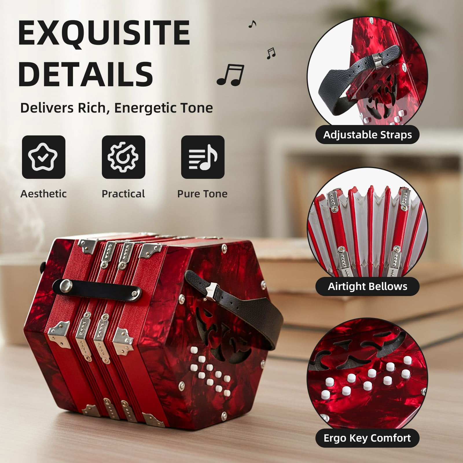 YueChun Concertinas,20-Key Accordion for Adults, Professional Accordion for Beginners, Adjustable Hand Straps, Instrument Accessories (Red)