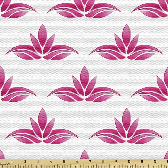 Floral Fabric by the Yard, Image of Silhouettes of Lotus Flowers in Continuous Pattern on Plain Background, Decorative Upholstery Fabric for Sofas and Home Accents, White Hot Pink by Ambesonne