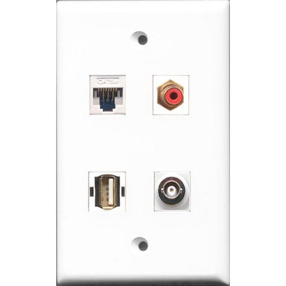 RiteAV 1 Port RCA Red and 1 Port USB A-A and 1 Port BNC and 1 Port Cat5e Ethernet White Wall Plate