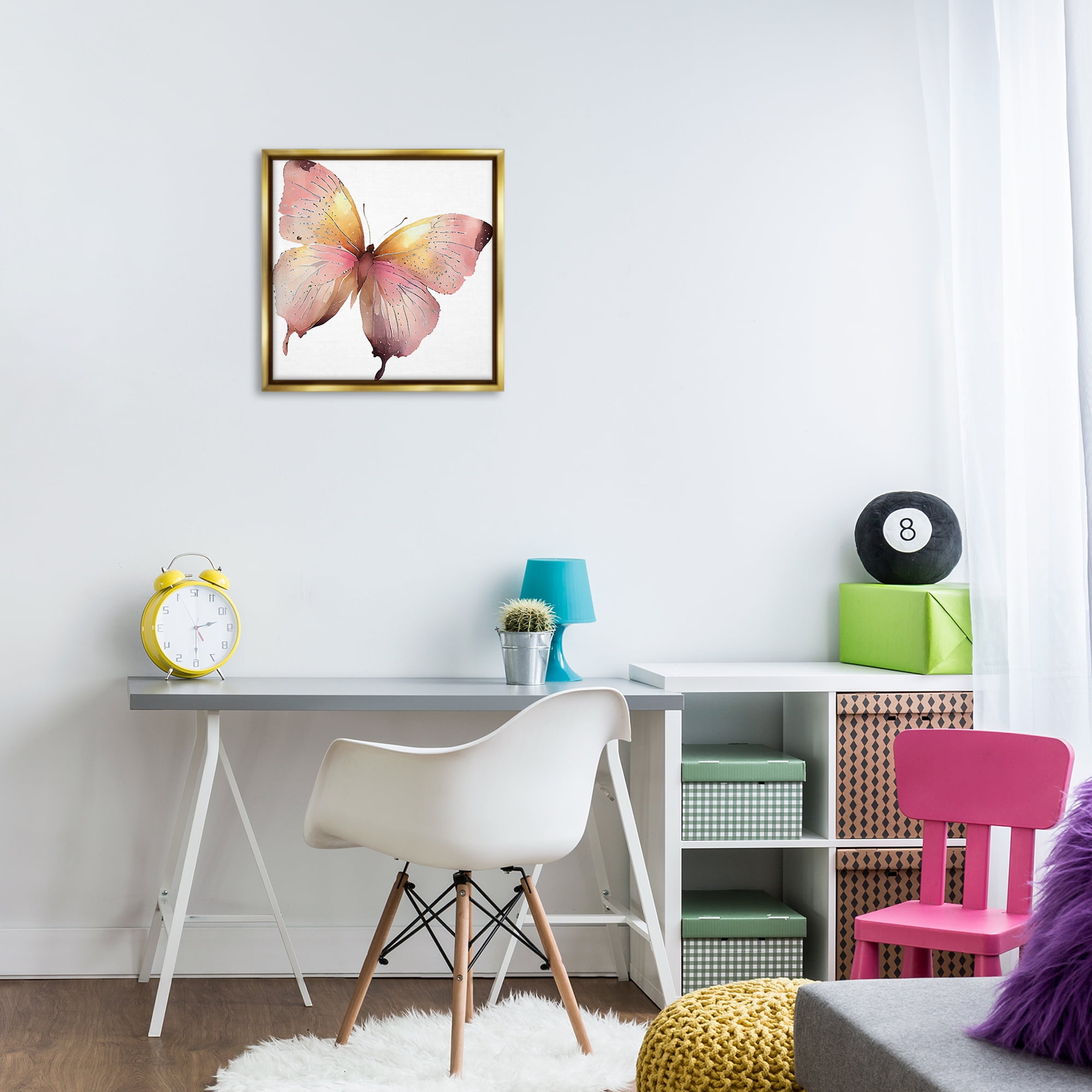 Stupell Industries Chic Pink Butterfly Animals Painting Gold Floater Framed Canvas Art Print Wall Art, 18 x 18