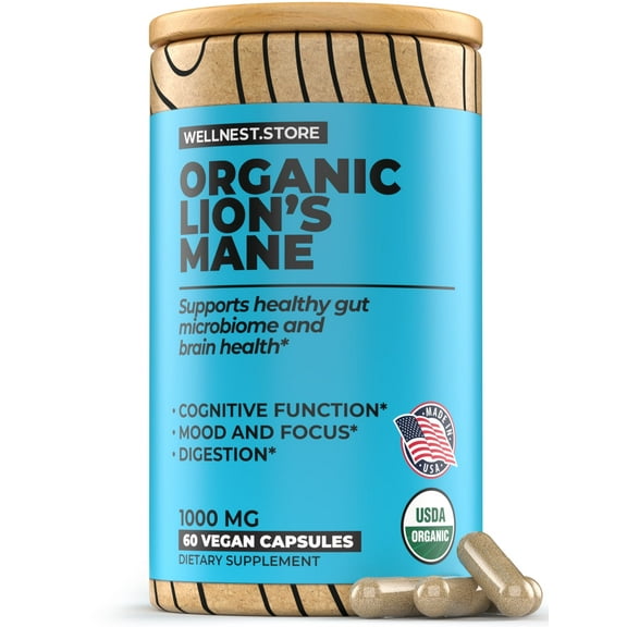Lions Mane Mushroom Organic Supplement (Hericium Extract) 60 Veggie Caps - Immune Support Supplement; Improve Cognitive Function   Promote Vitality, Protect Nerve Cells