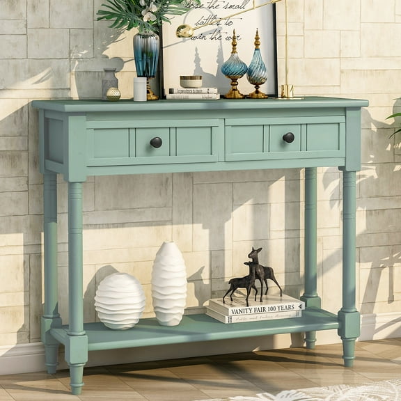 Farmhouse Console Table with 2 Drawers, SEGMART Wood Console Table with Storage Shelves, Entryway Narrow Long Table, Elegant Console Table for Living Room Entryway Hallway Foyer, Retro Blue