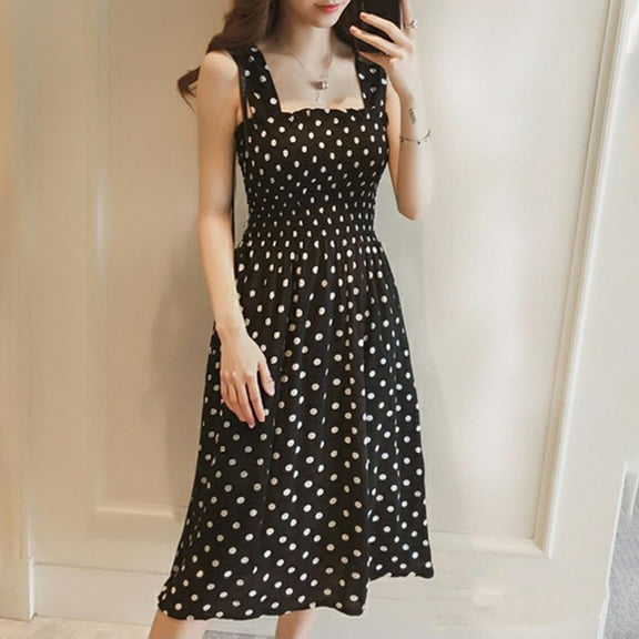 Ovbmpzd Birthday Dress for Women Sleeveless Midi Black Polka Dot Dress Knee Length Dresses Evening Dresses for Women 0