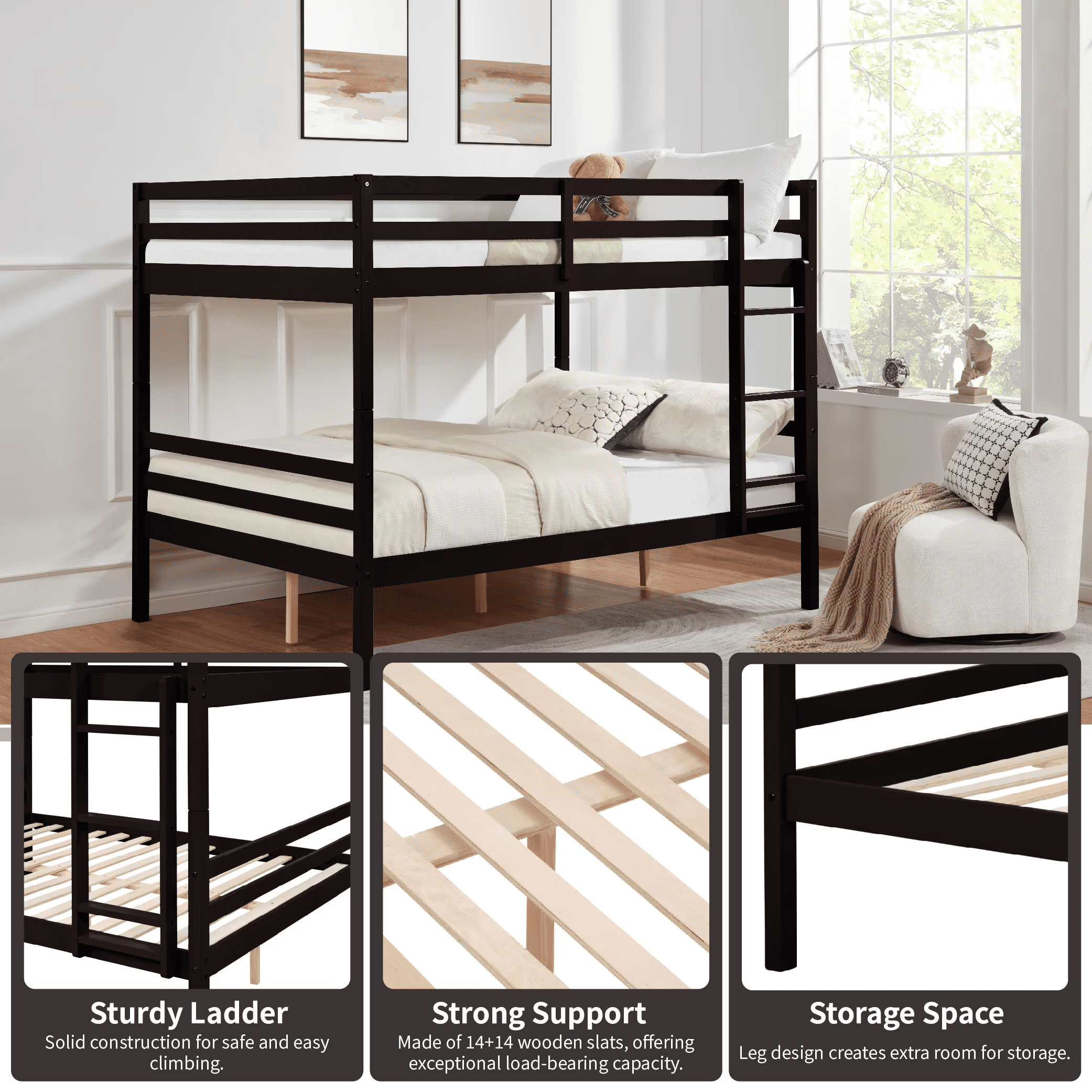 MAYEERTY Full over Full Bunk Bed with Ladder, Wooden Bed Frame with High Guardrail and Ladder for Kids, No Box Spring Needed, Espresso