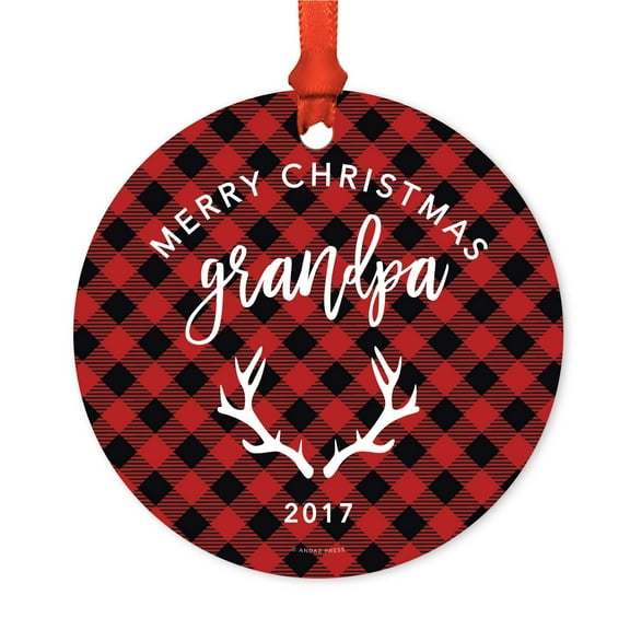Family Metal Christmas Ornament, Merry Christmas Grandpa 2017, Red Plaid, Includes Ribbon and Gift Bag