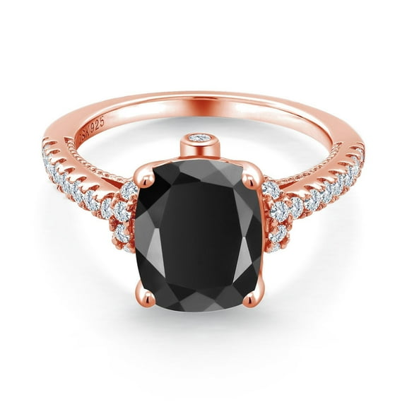 Gem Stone King 3.14 Ct Black Onyx White Created Sapphire 18K Rose Gold Plated Silver Ring (Size 7)