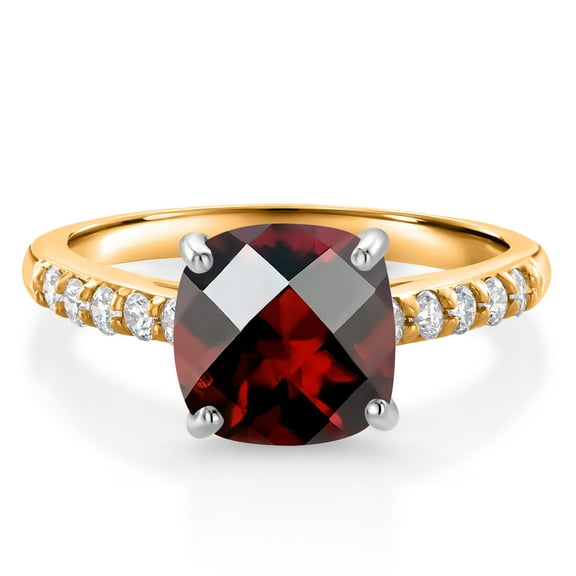 Gem Stone King 10K Yellow Gold Red Garnet and White Lab Grown Diamond Engagement Ring for Women (2.70 Cttw, Cushion Checkerboard 8MM, Gemstone January Birthstone, Size 7)