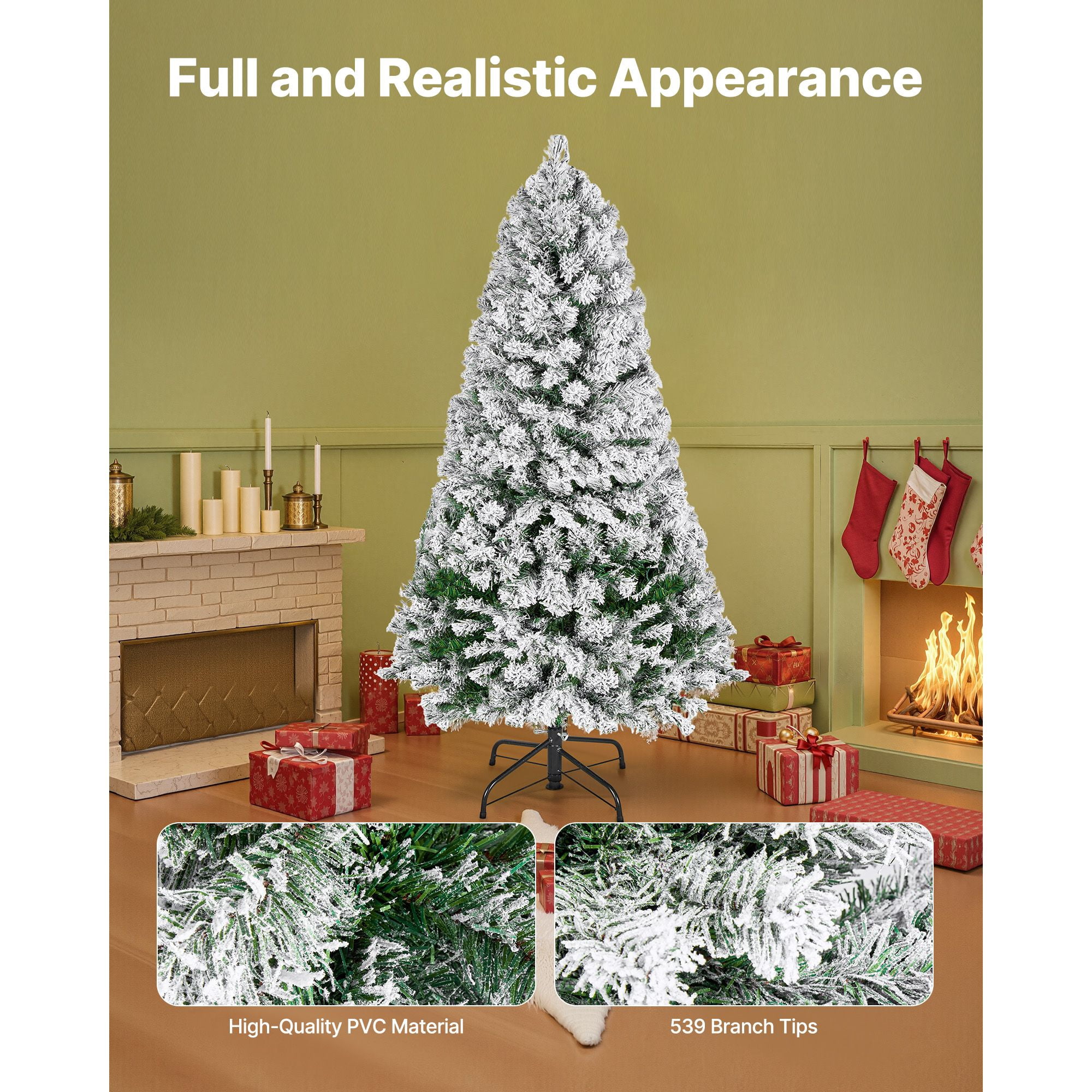 Christmas Tree, 4ft Prelit Flocked Artificial Tree, Full Holiday Xmas Deco Trees with 120 Warm White LED Lights, 8 Lighting Modes & 539 Branch Tips for Home Party Office Decoration