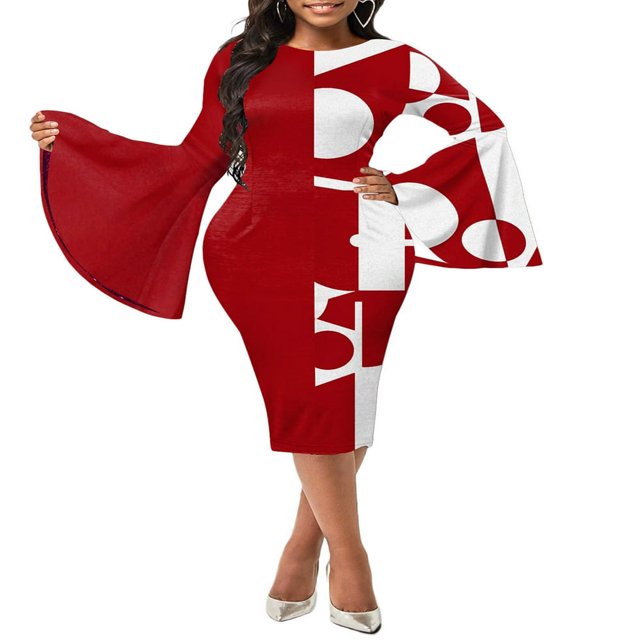Robe Moulante Décontractée pour Femme à Manches Longues Évasées, Encolure, Motif Imprimé, Jupe une Pièce