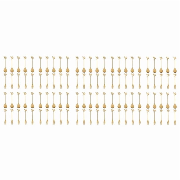50 Cuchara + 50 Tenedores Hoja de Acero Inoxidable Cuchara para Pastel de Café Tenedor Cucharas para Postre, Dorado