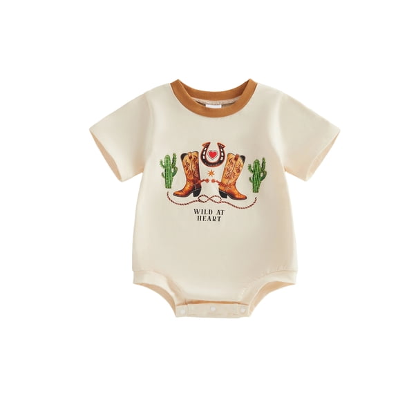 BemeyourBBs Newborn Baby Boy Girl Western Outfits Summer Clothes Bubble Romper Infant Short Sleeve Boots Cactus Print Bodysuit One Piece Shirt Tops