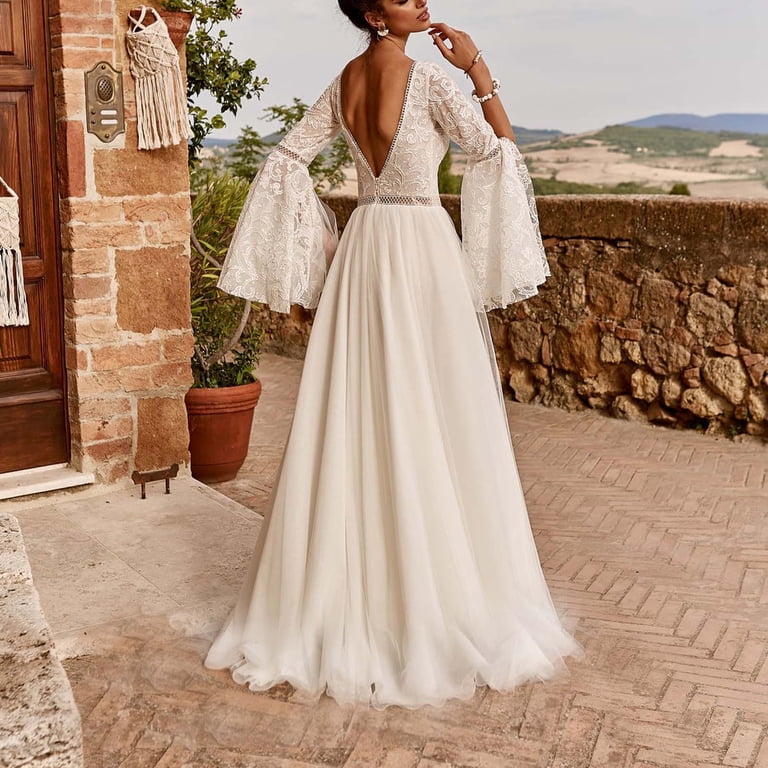 Lyxssbyx Wedding Dresses for Women Elegant Women's Casual Sexy Fashion Lace Mesh Deep V-Flared Sleeve White Swing Skirt Evening Party Long Dress
