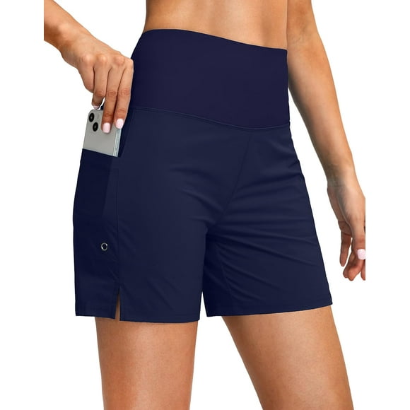 Short de Bain Taille Haute 5" pour Femmes avec Poches pour Téléphone UPF 50+ Short de Plage à Séchage Rapide pour Femmes avec Doublure Bleu Marine X-Small
