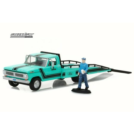 Diecast Driver (1970 Ford F-350 Ramp Truck w/ Truck Driver Figure, Turquoise - Greenlight 29892 - 1/64 Scale Diecast Model Toy)