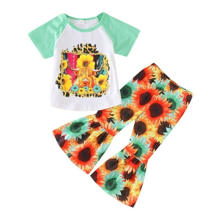 

Zlekejiko Toddler Girls Short Sleeve Sunflower Cartoon Cow Printed T Shirt Pullover Tops Bell Bottoms Pants Kids Outfits Baby Girl Monogrammed Clothes for Girls