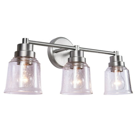 

Aspen Creative 62289 3 Light Vanity Fixture 21 W x 8-5/8 H x 6 E Brushed Nickel Finish Clear Seeded Glass Bulb Not Included