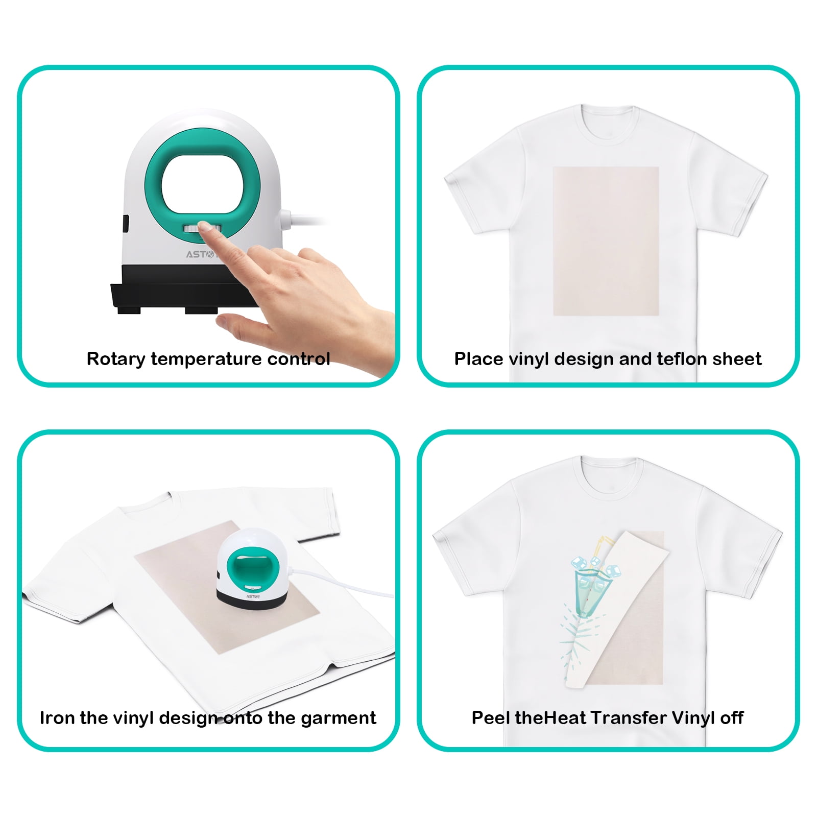 AST&T Mini Heat Press Machine Green, Portable Easy Iron with 4 Heat Settings, Ideal for DIY HTV & Sublimation Projects