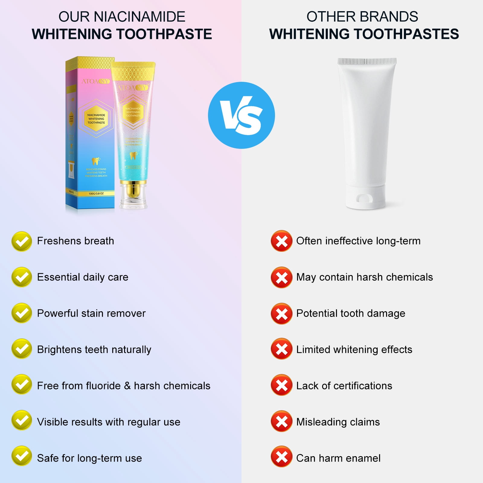 LusBeauty Whitening Toothpaste for Adults, Niacinamide Formula Removes Stains & Freshens Breath, Gentle on Enamel, 100g X 3Pack