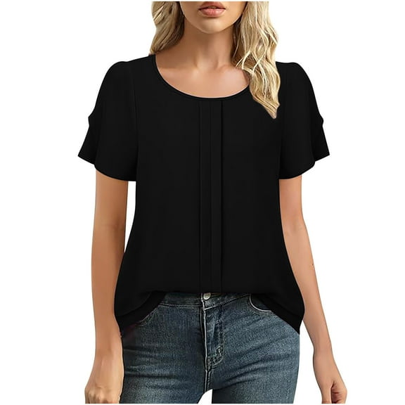Women Blouses Fashionable Solid Color Patchwork Pleated Sleeves Short Sleeved Round Neck Top/Shirt Plus Size Womens Tops The Summer I Turned Pretty